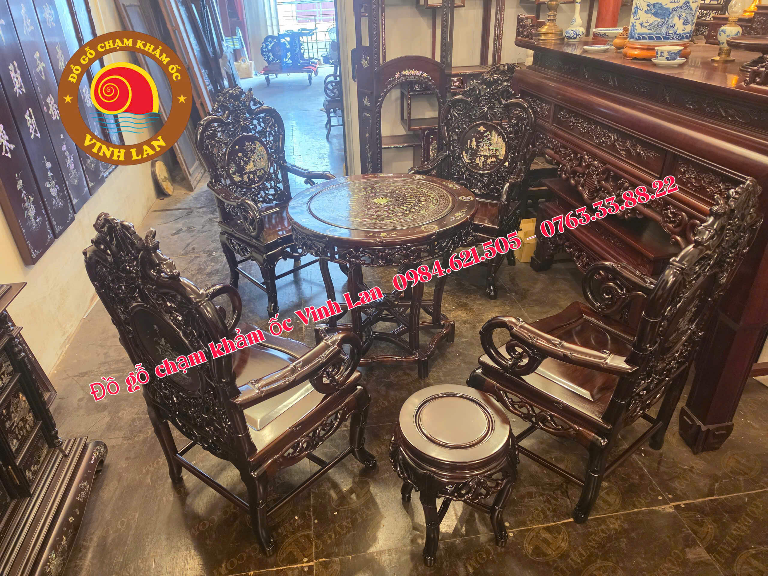 bộ bàn ghế trúc lam gỗ gụ khảm ốc các tích trò chơi dân gian 
